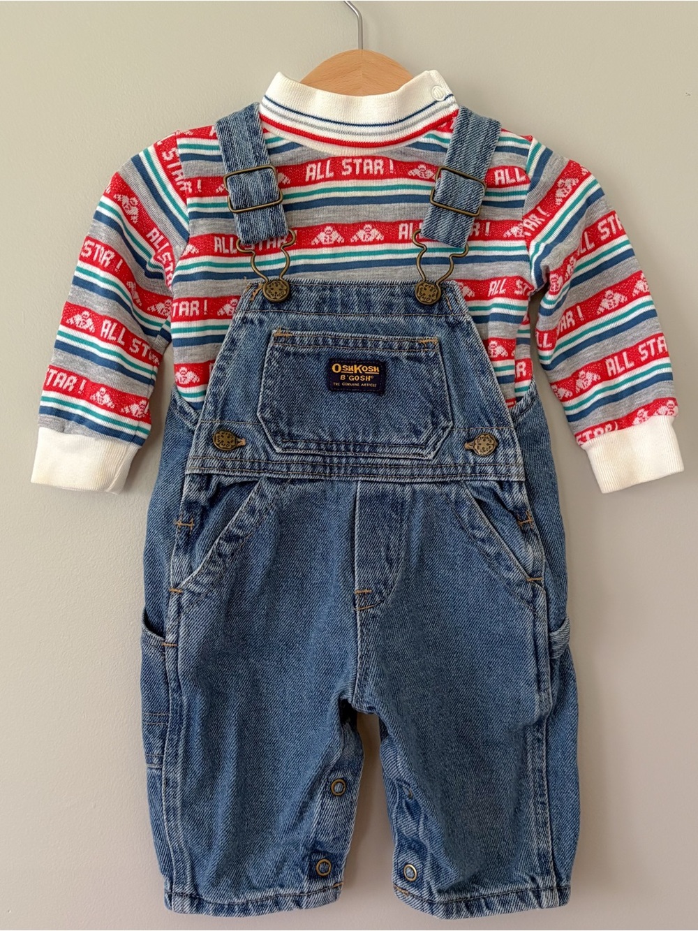 OshKosh B'gosh Blue Denim Overalls with Red, White & Teal Striped All Star Top